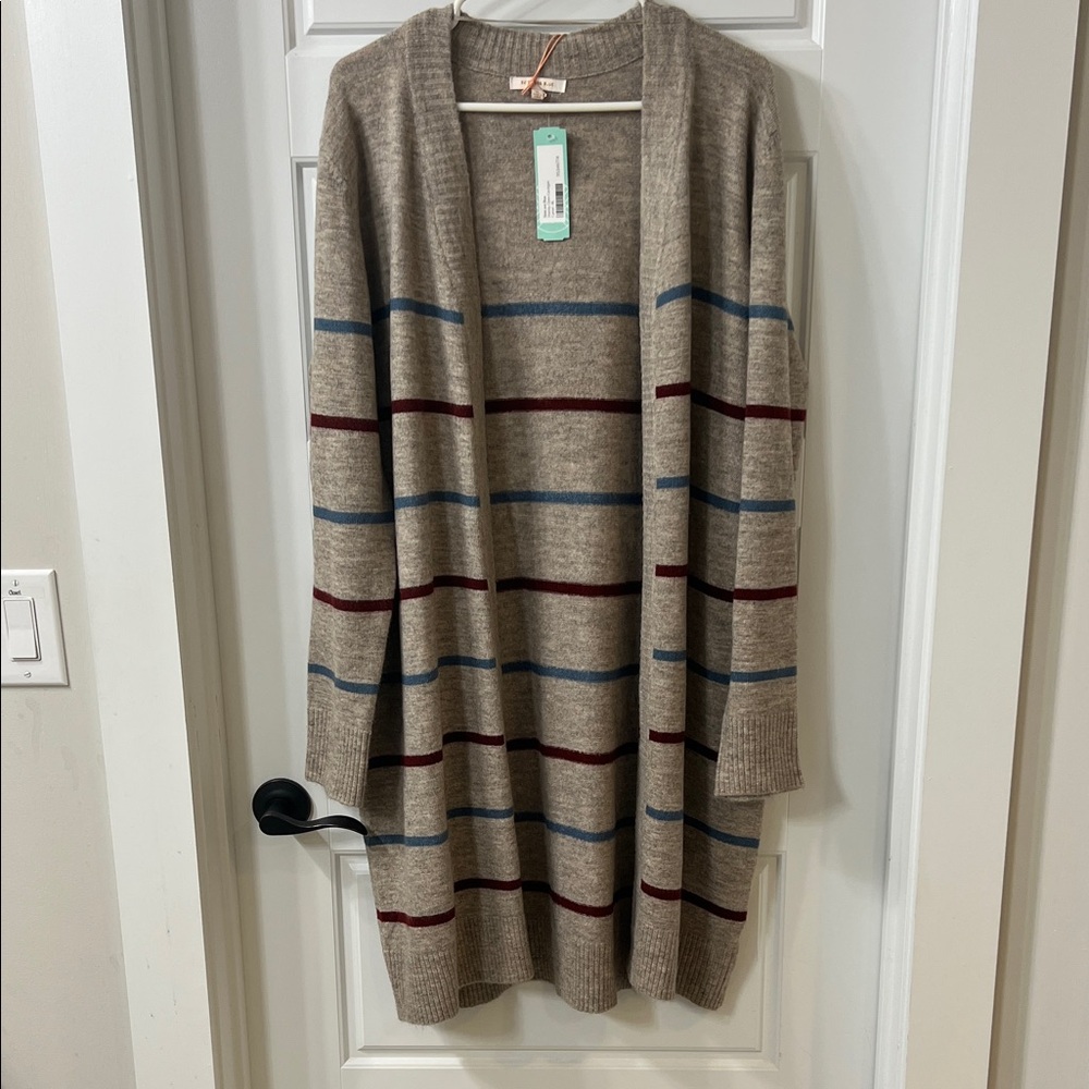 Skies Are Blue Tan Cardigan with Burgundy and Blue Stripes